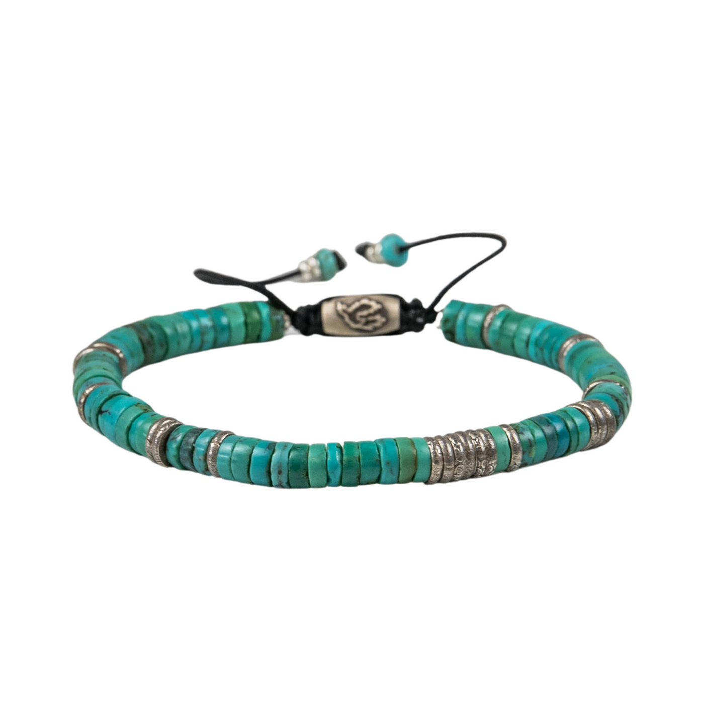 Silver Lining Bracelet in Tibetan Turquoise with Sterling Silver Beads on Black Cord