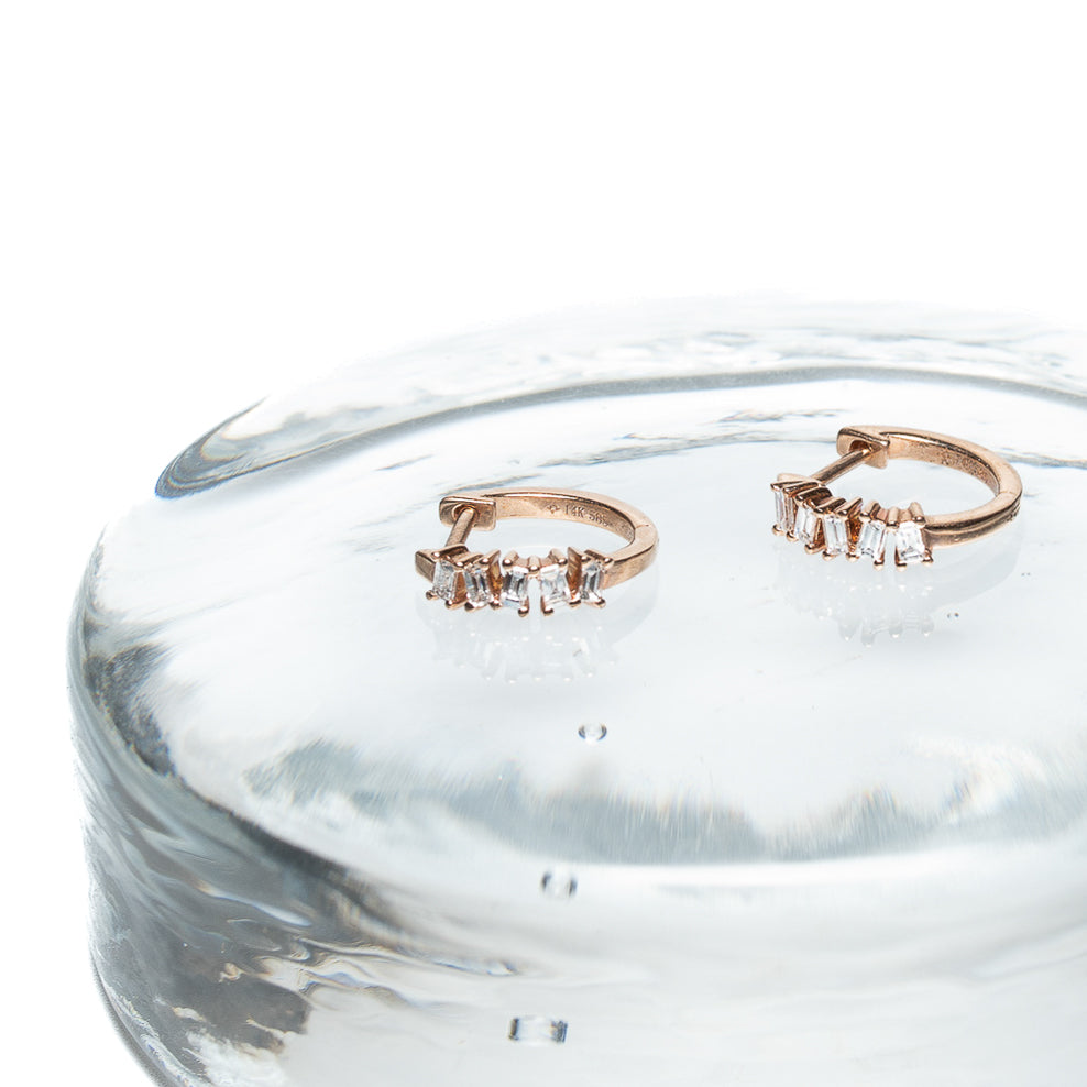 14K Rose Gold Diamond Baguette Huggie Earrings