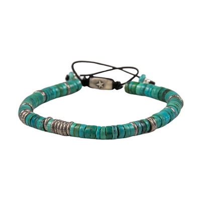 Silver Lining Bracelet in Tibetan Turquoise with Sterling Silver Beads on Black Cord