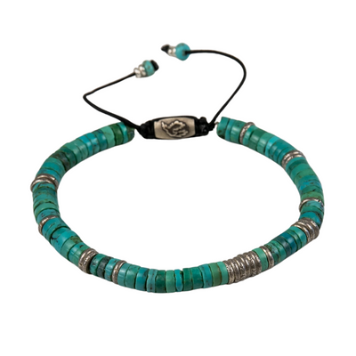 Silver Lining Bracelet in Tibetan Turquoise with Sterling Silver Beads on Black Cord