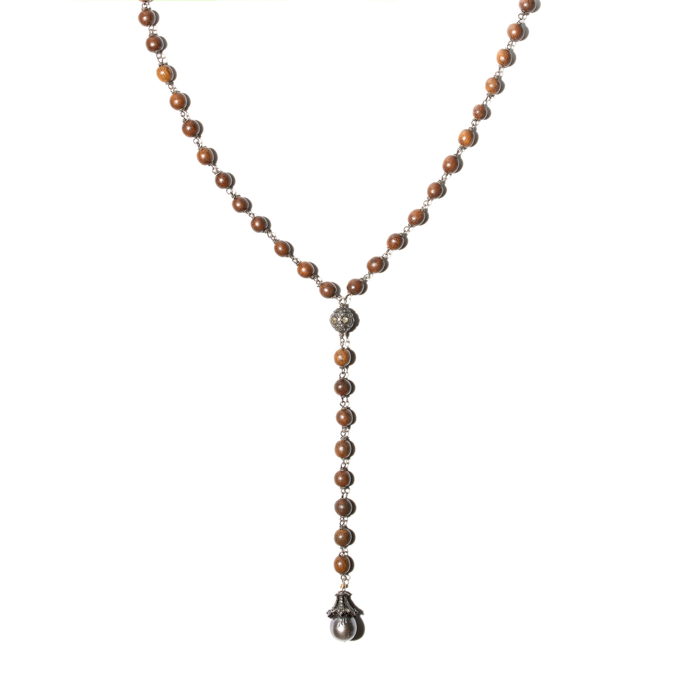 Pearl & Wood Rosary Necklace